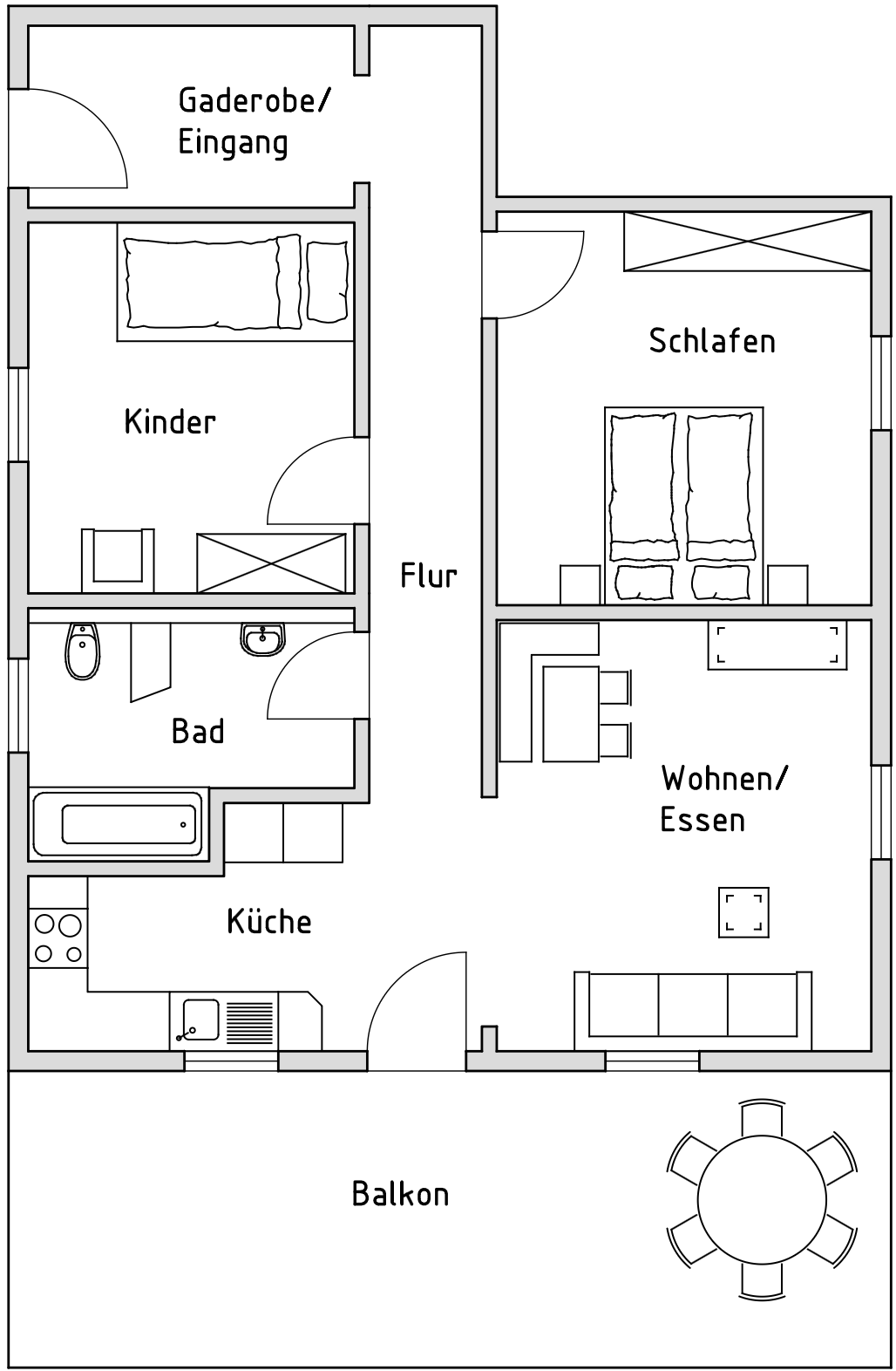 Grundriss der 80qm Ferienwohnung mit Schlafzimmer, Kinderzimmer und Balkon